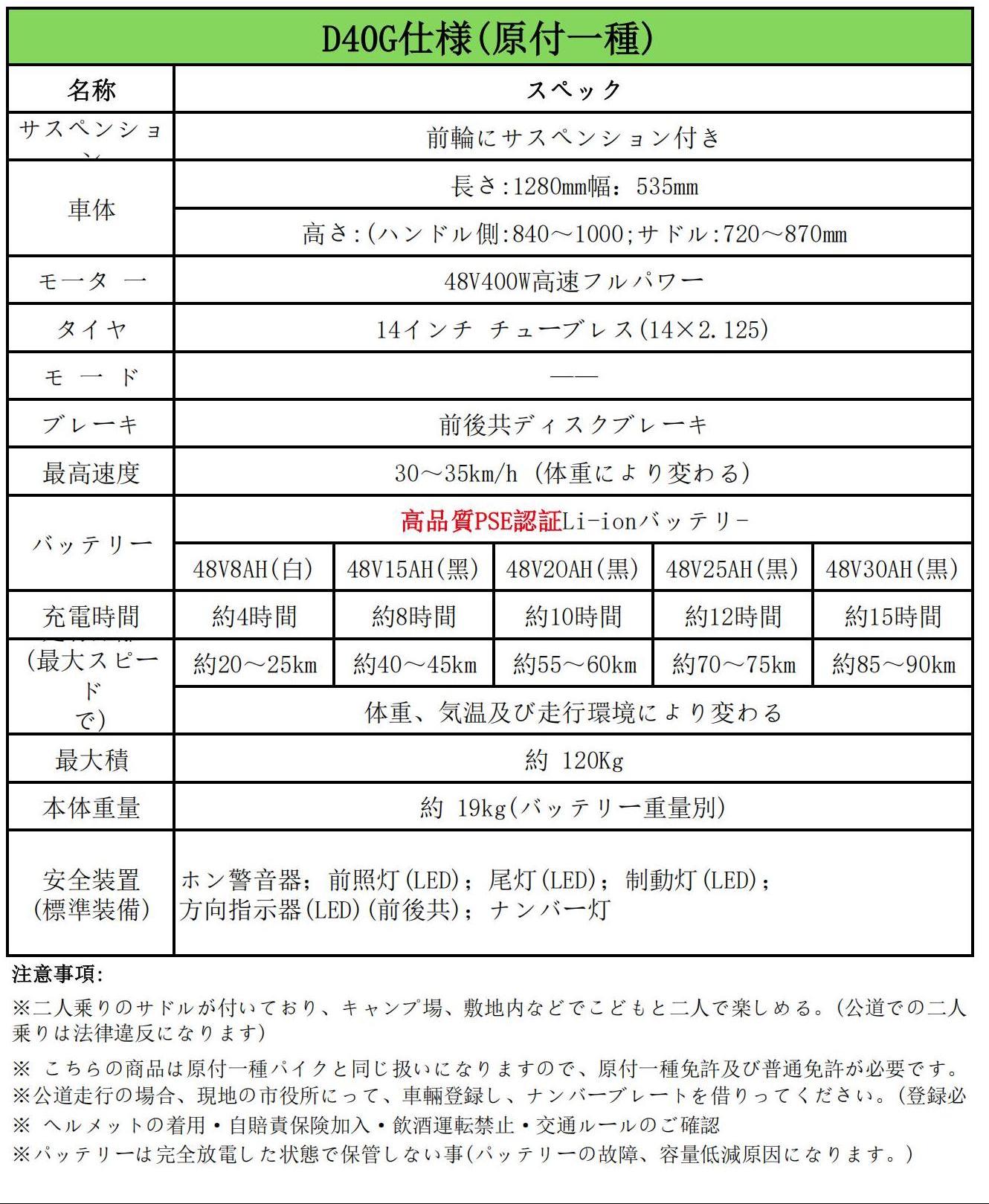 D40G PSE認定バッテリー48V8AH付 高速電動自転車 原動機付自転車