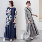 ワンピース レディース ロング丈ワンピース マキシワンピース Tシャツワンピース 長袖 Uネック