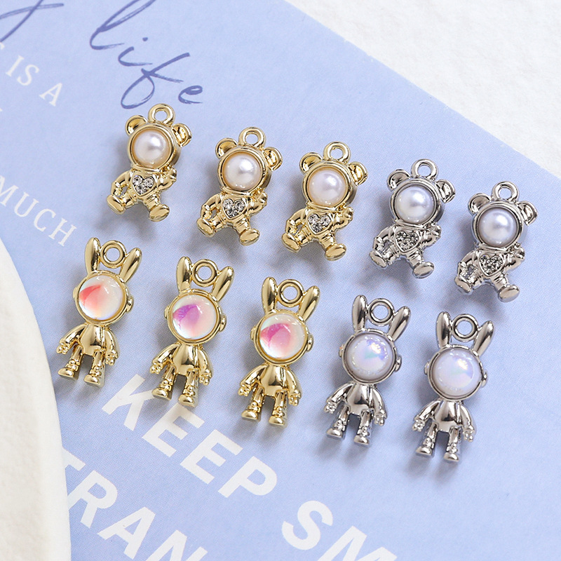宇宙人 ハンドメイド 手芸 金属チャーム パール チャーム クマ 兎 アクセサリーパーツ 金色 銀色 丸カン付