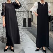 FTG☆夏新作 気品ある ラウンドネック×シアーメッシュ切替 フレア袖 スリム見せ ワンピース
