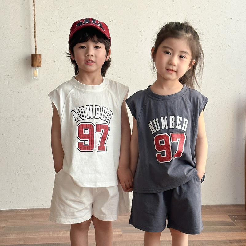 QQMM☆子供用 夏スポーツセット 女の子純綿 韓国風 2025夏 男の子 タンクトップ2点セット