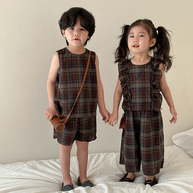 [80-150cm] 兄妹コーデ チェック柄 ワンピース セットアップ 女の子男の子 韓国風 春夏 キッズ 子供服