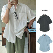 メンズファッション 無地 半袖シャツ ストリート系 アウター 春夏 カジュアル ステンカラー★全3色