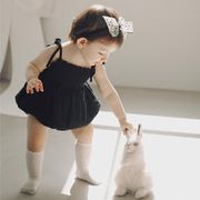 MUSE☆女の子ベビー 夏用 ブラックシャーリング吊り紐ロンパース 薄手綿素材 三角カバーオール