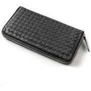 MOMO　シープレザー羊革　編み込みメッシュ　男女兼用　ラウンドロングウォレット　E-031M　黒