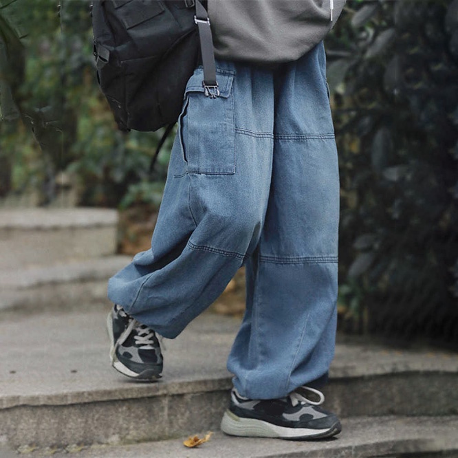CB☆ヴィンテージ ウォッシュ加工 ストレートデニムパンツ ゆったりワイドレッグ ワークロングパンツ