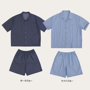 メンズ デニムサマーセットアップ キューバカラー半袖シャツ＆ショーツ 上下セット カジュアル★全2色