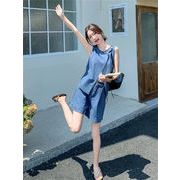 見なきゃ損する  デニムノースリーブベスト&ショートパンツ 薄手2点セット トレンドスタイル