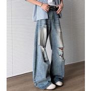 アメリカンレトロ風ズボン デニム ジーンズ ダメージ加工のメンズボトムズ