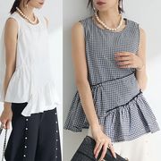 ANJIL☆チェック柄アシメトリーシャツ レディース 重ね着スタイルブラウス