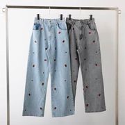 ヴィンテージ風ハイウエスト ローズ刺繍 ストレートデニムパンツ レディース半ゴム仕様