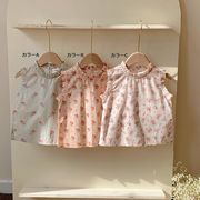全3色[90-140cm] 女の子 フリル襟ノースリーブ花柄ブラウス 綿100％ 女の子トップス ナチュラル系