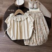 全2色[80-130cm] 女の子セットアップ 花柄フリルブラウス＋バルーンパンツ キッズ上下セット ナチュラル系