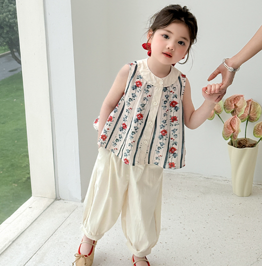 2025新作 夏服 韓国子供服 女の子トップス+ズボン★ガールズ服★ キッズ服 ファッション2点セット