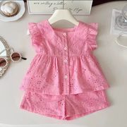 [73-120cm]  韓国風フリル袖ノースリーブトップス＋ショートパンツ レース風セットアップ 女の子夏コーデ