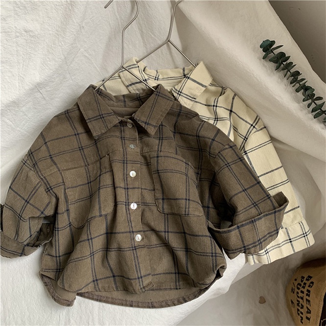 2025秋新規※gl☆コーデュロイチェック長袖シャツ レトロカジュアル