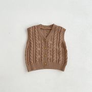 [80-130cm] 子供 女の子用 ニットベスト レトロ風ケーブル編み 花刺繍入り カーディガン風ベスト 秋冬新作
