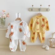 全2色[80-130cm] 子供 くま柄プリント スウェットセットアッブ 上下セット トップス＆パンツ 男女兼用