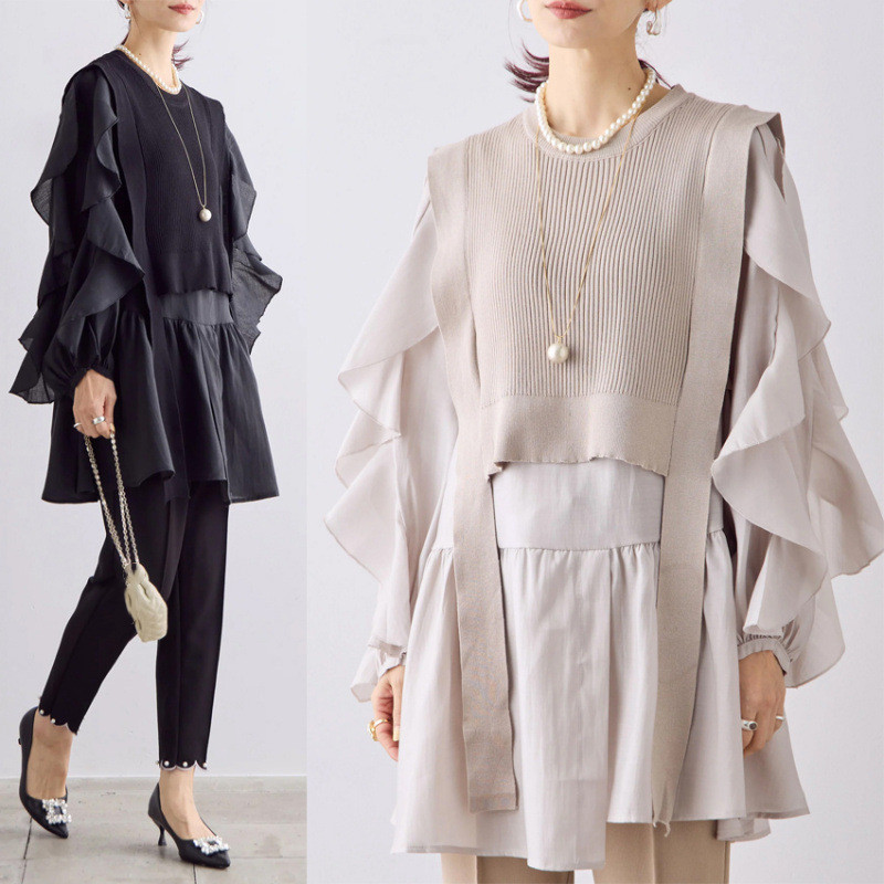 2026年秋新作 シャツ ブラウス レディース トップス ベスト セットアップ ラウンドネック オシャレ 着回し