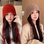 秋冬防寒 手編みニット帽 レース編み耳あて付き フリンジ 女性用