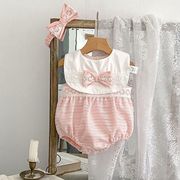 zheg☆夏服 新生児ベビー用 レースフリル飾り プリンセス風 ロンパース＋スタイ＋ヘアバンドセット