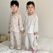 2025秋※QQMM☆子供 パジャマ コットン ガーゼ ストライプ 男女兼用 セット