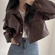 襟付きPUレザージャケット ダブルポケット付き ゆったりシルエットの短めアウター