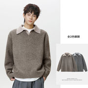 メンズ 秋冬 レトロオールドマネースタイル Vネック ニットセーター 襟付きポロニット 保温アウター★全2色