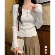 【日本倉庫即納】 リブニットトップス 着やせ 無地 韓国風