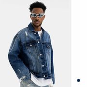 メンズ ダメージ加工 デニム ジャケット 男女兼用 ストリート系 アウター  秋冬 2025新作★