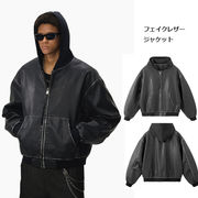 メンズ 秋新作 ウォッシュ加工 レザー切り替え フーデッドジャケット アメリカンストリートアウター★