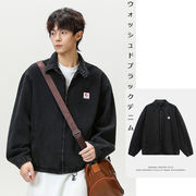 メンズ 秋新作 デニムジャケット ヴィンテージ風 水洗加工 ダメージ風 ワークジャケット プリント襟★