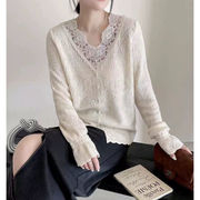 初回送料無料　ニットセーターvネックレース長袖トップス　レディースファッション人気トレンド