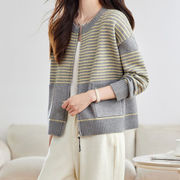 初回送料無料　ニットセーターストライプ長袖カーディガン上着　レディースファッション人気トレンド