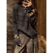 オシャレシャツハイネック刺しゅう付きニットトップスレディース