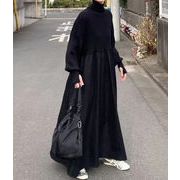 ワンピース レディース 切り替え ロング丈ワンピース 異素材 長袖 お洒落 ゆったり 秋冬新作