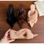 秋冬シューズ  サンダル スリッパ  フェイクファー ハイヒール 尖り