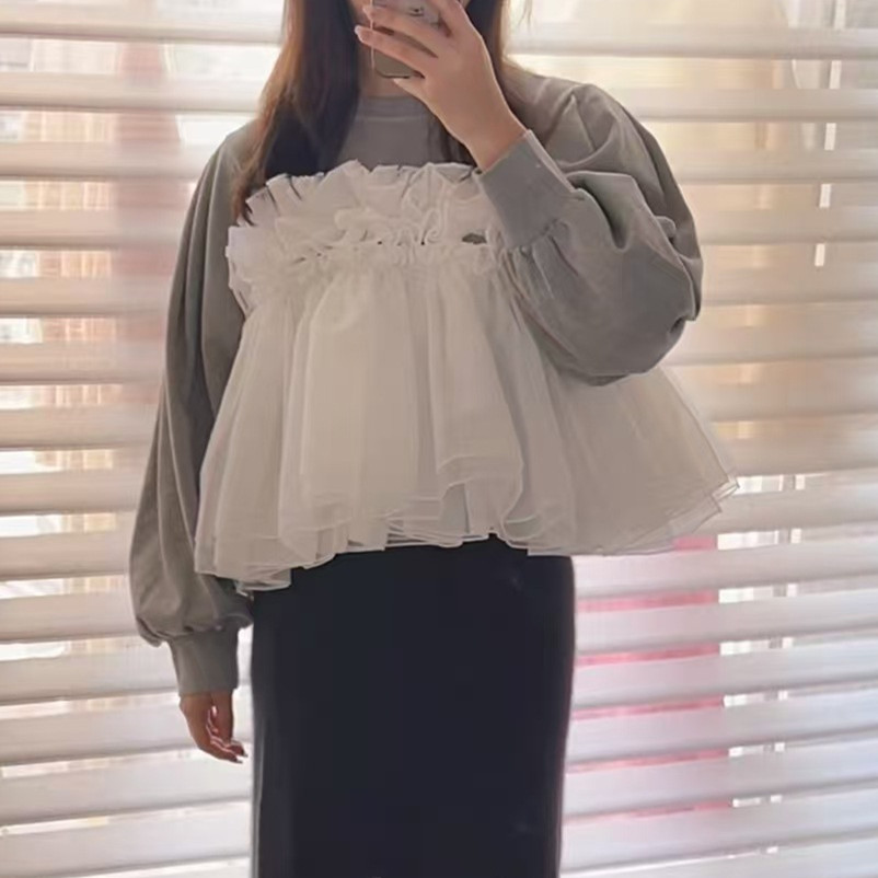 秋冬新作 トップス レディース プルオーバー パーカー 異素材 長袖 ラウンドネック Sweet