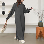 2026 年新作 春 ワンピース カジュアル 体型カバー ファッション 無地 ひざ下丈 ロングスリーブ