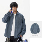 メンズ ヴィンテージストライプ ウォッシュドデニム 長袖シャツ 春用 ルーズシルエット シャツアウター★