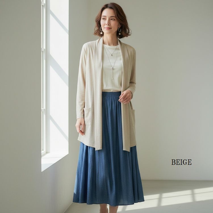 【春物カットソー】　スラブリンクス素材　オープンフロントカーディガン