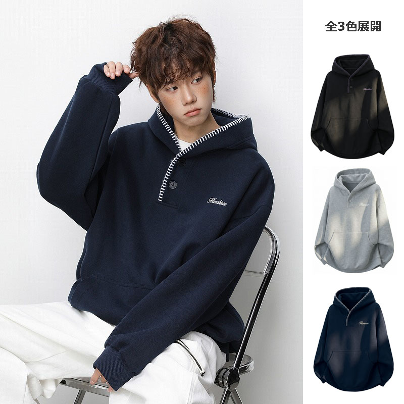 メンズ ハーフジップフード付きスウェット 春 ストリート系ワイドシルエットパーカー トップス★全3色