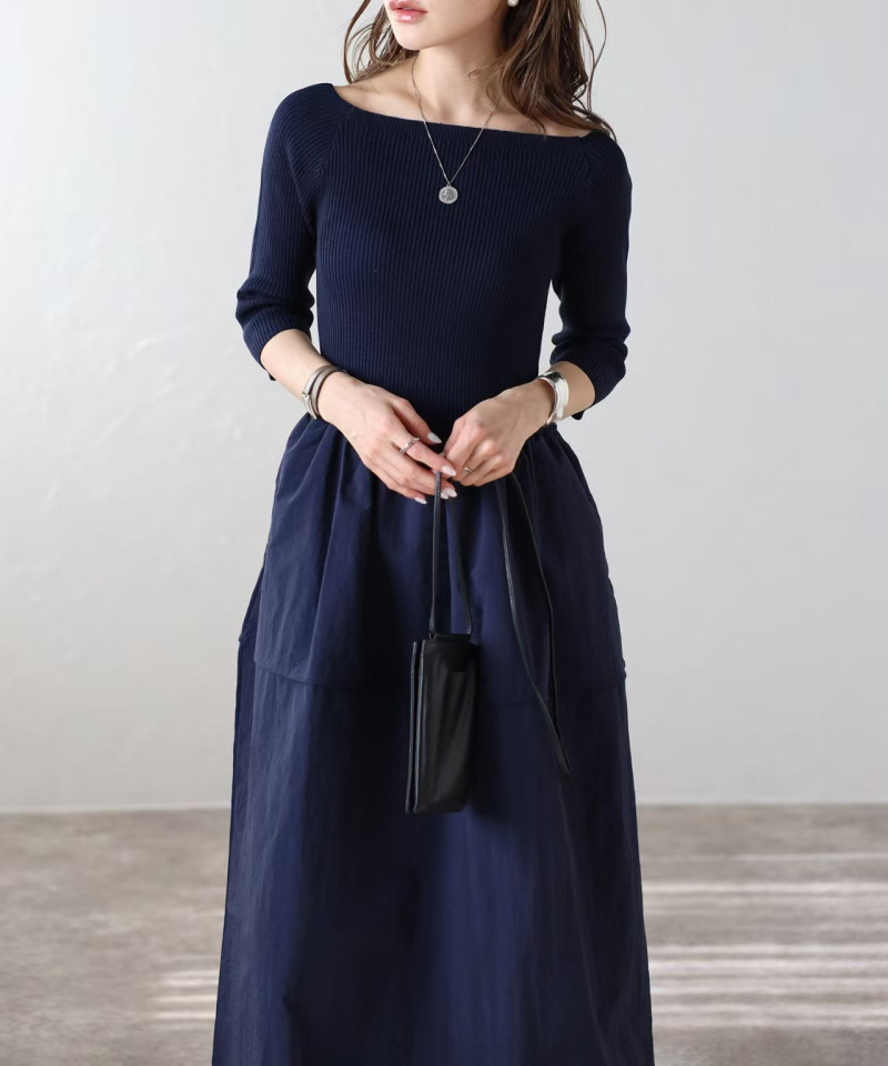 ワンピース きれいめ 秋冬 ロングワンピース フォーマル 異素材 ニット 大人可愛い