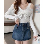 【日本倉庫即納】 フロントリボンリブニットトップス大人薄手