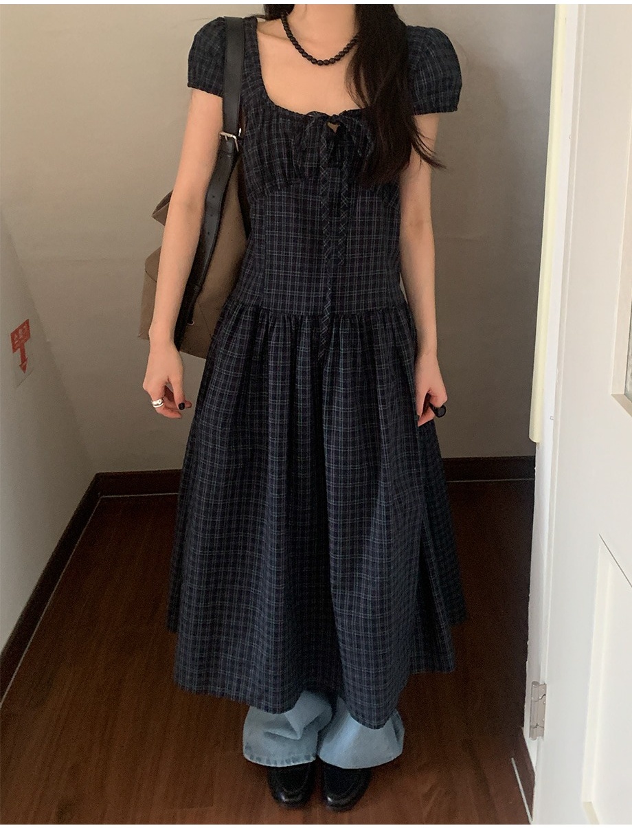 2026年INS 夏新作   気質   ウエストマーク スリム　 チェック柄　ロングワンピース