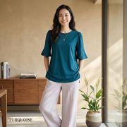 【春物定番】五分袖×フレアースリーブ　コットン100％Aラインチュニック　M～3Lまで