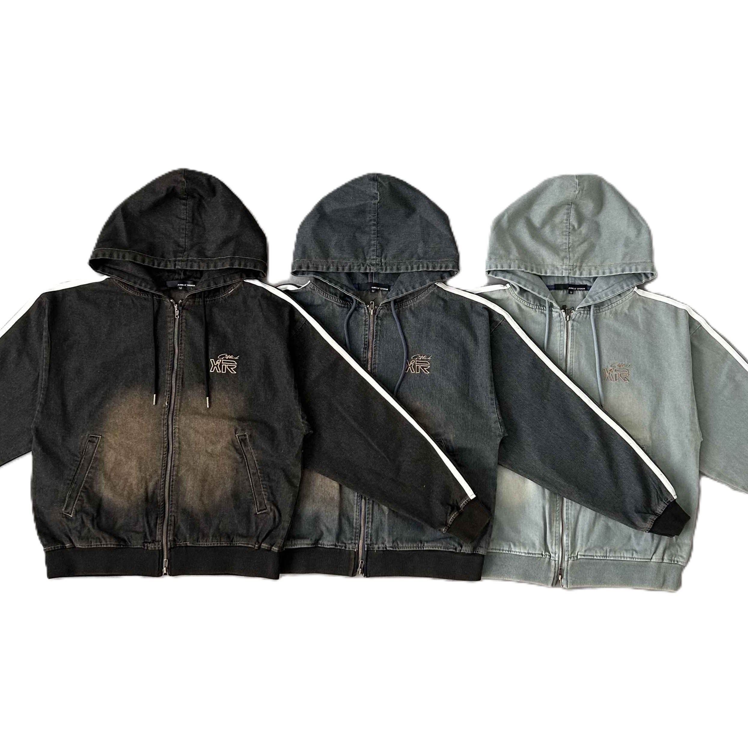 【セットアップ対応】デニム サイドライン ZIPパーカー ワンポイント 刺繍 ストリート ユニセックス