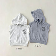 全2色[80-130cm] 韓国風キッズベスト 秋 INS風 スマイル刺繍 フード付きプルオーバー ノースリーブ 子供