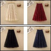 丈夫な刺繍入り花柄メッシュスカート、レディースミドル丈メッシュスカートV00245