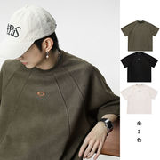 メンズ半袖Tシャツ 夏新作 アメリカンレトロ フェイクスエード調 配色刺繍 カジュアルTシャツ★全3色